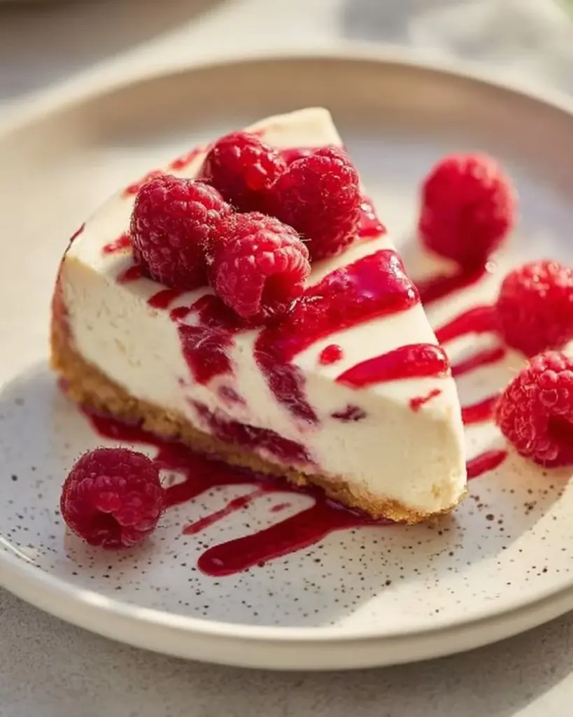 Delicious white chocolate raspberry cheesecake topped with fresh raspberries.