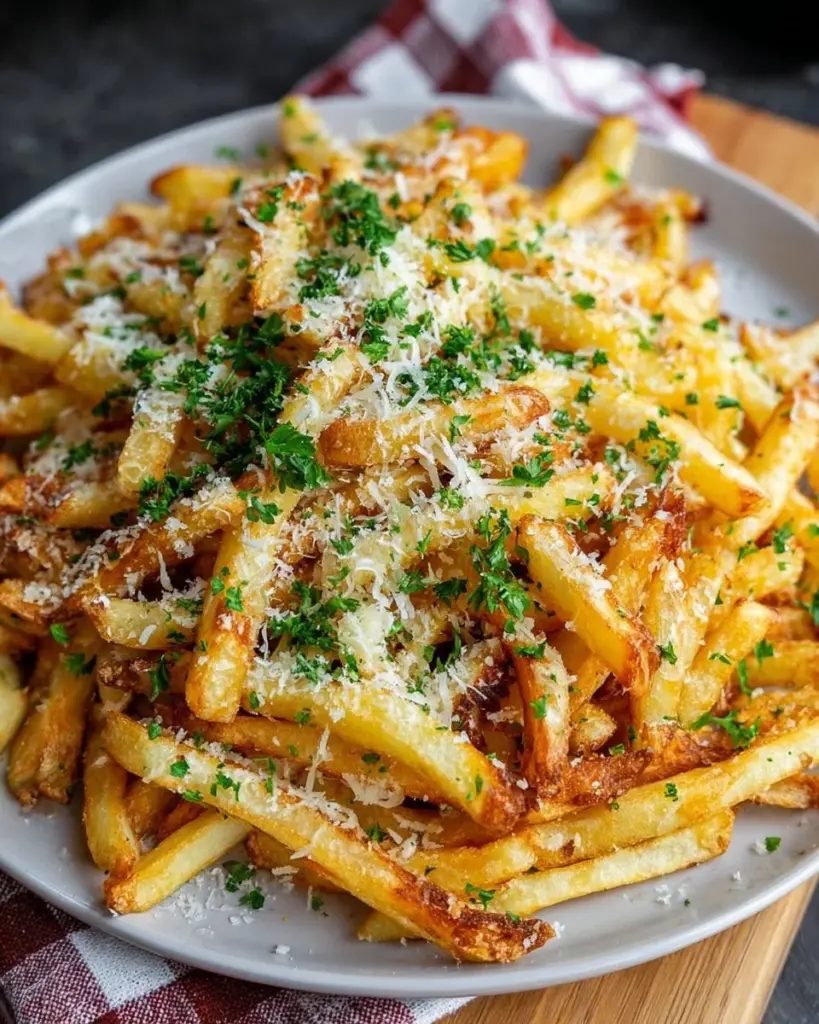 Crispy Air Fryer Parmesan Truffle Fries garnished with herbs