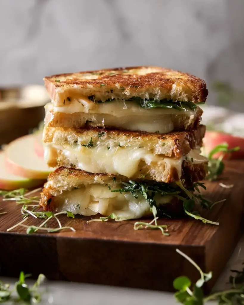 Brie and Apple Grilled Cheese sandwich drizzled with honey mustard sauce