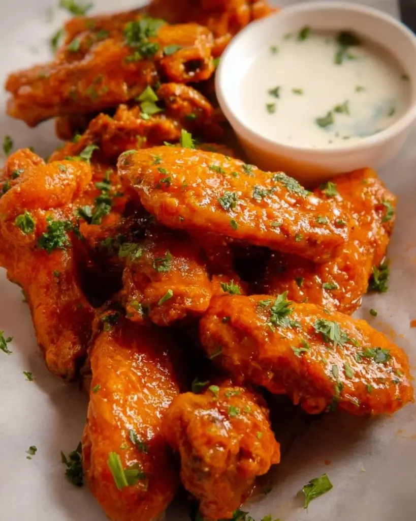 Plate of crispy Buffalo Wings with spicy sauce and celery sticks