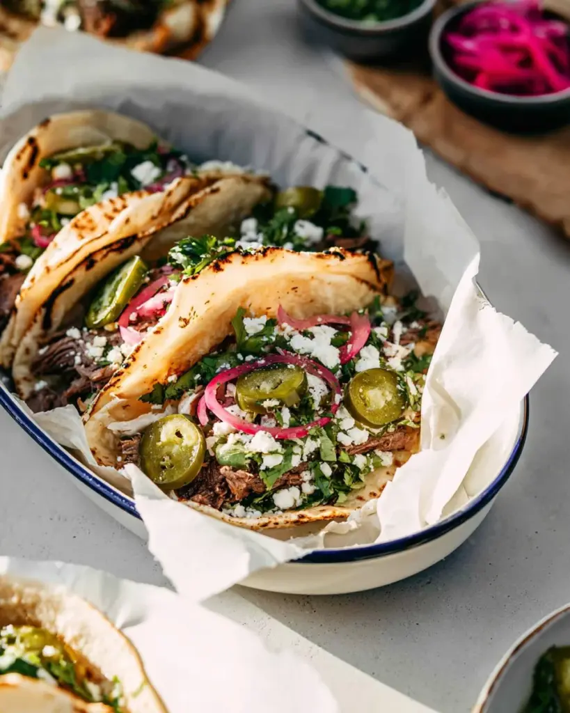 Chimichurri steak tacos garnished with fresh ingredients and herbs.