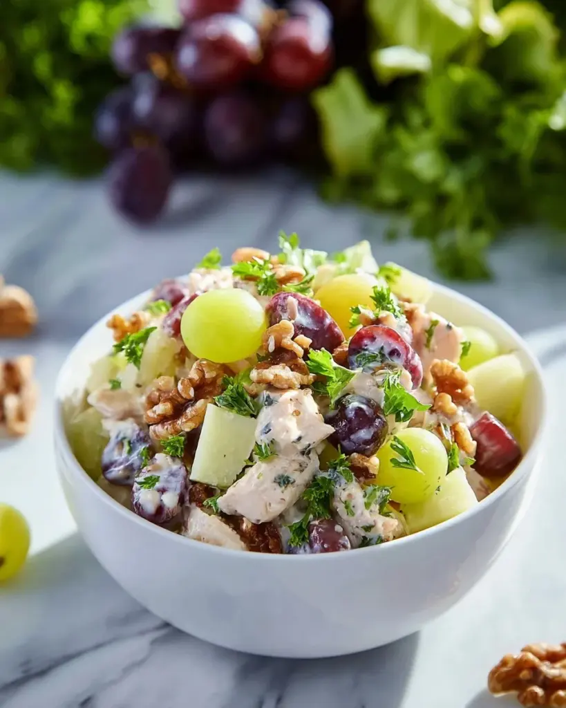 A bowl of Classic Waldorf Chicken Salad with grapes, apples, and walnuts.