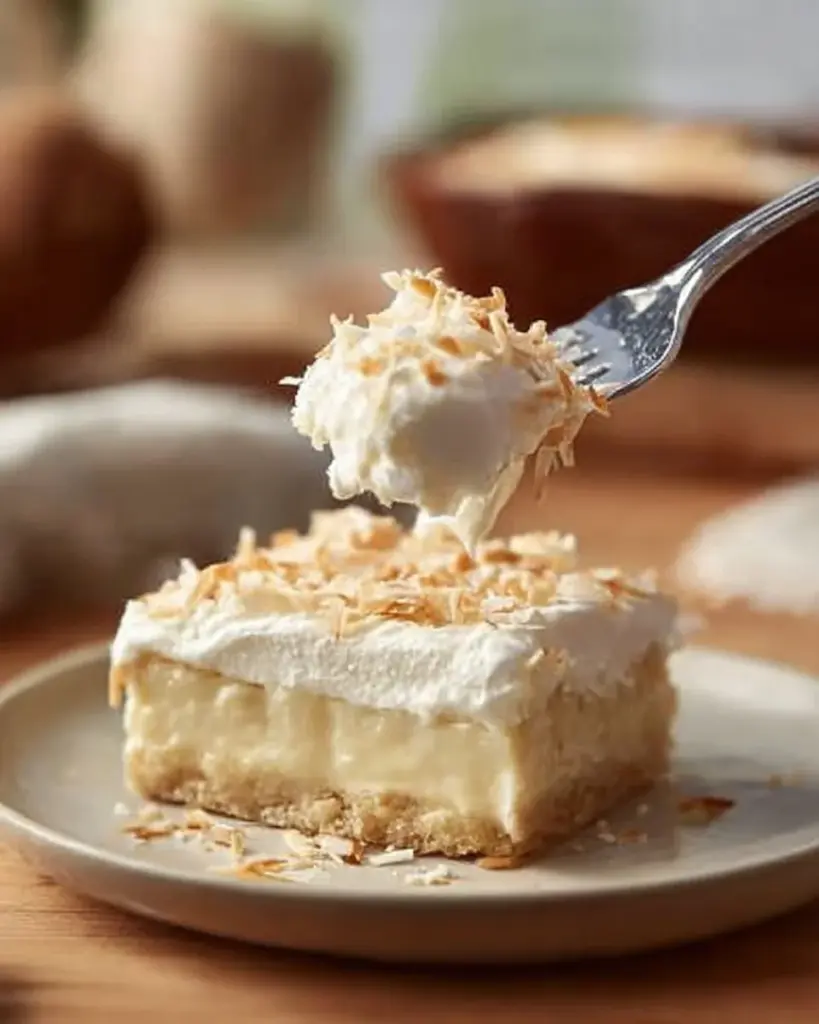Delicious Coconut Cream Pie Bars topped with whipped cream and toasted coconut