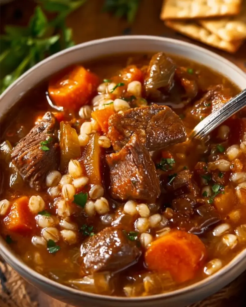 Bowl of hearty beef barley soup with vegetables and herbs
