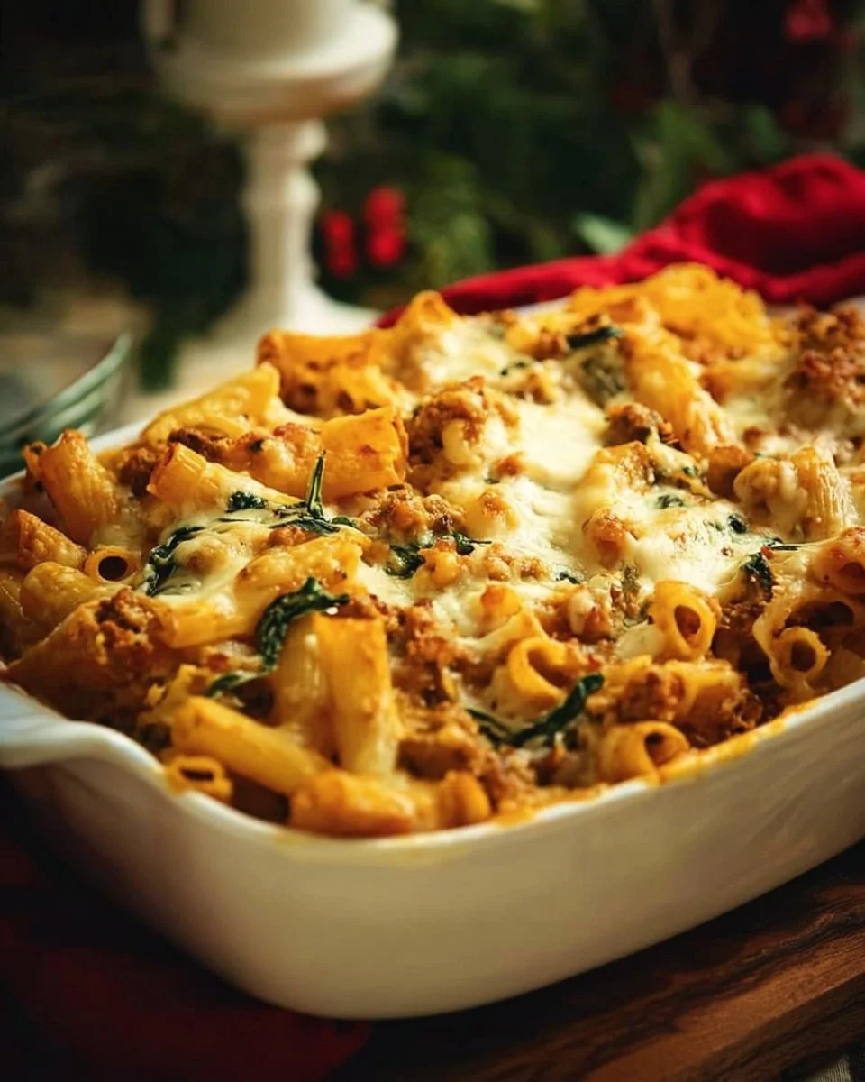 Pumpkin Baked Ziti with Sausage and Spinach