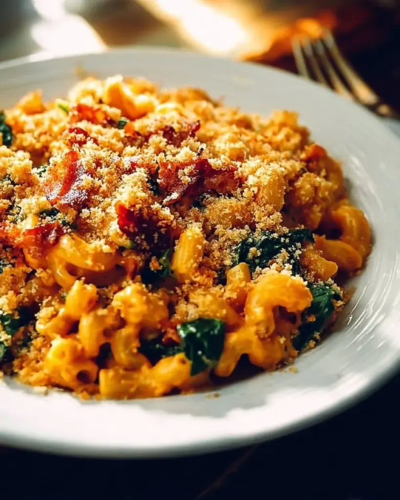 Bowl of creamy pumpkin mac and cheese with autumn decor