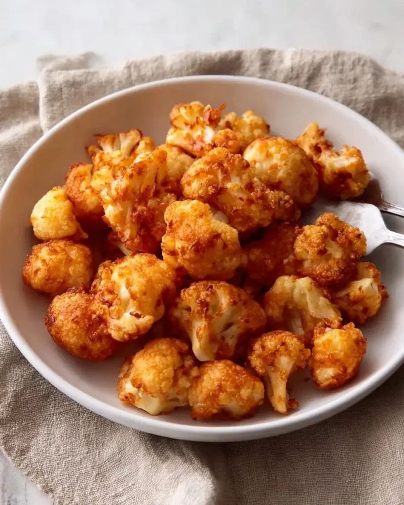 Crispy deep-fried vegan cauliflower nuggets served with dipping sauce
