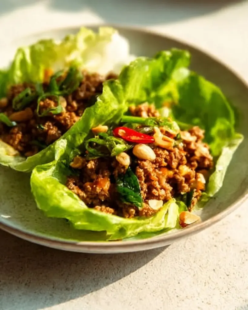 Plate of delicious San Choy Bow Chinese lettuce wraps with vibrant filling