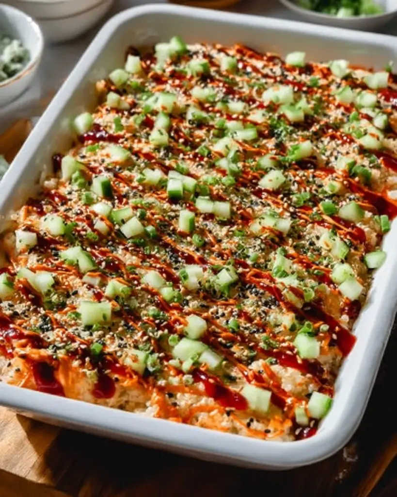 Easy sushi bake dish ideal for family gatherings and delicious fusion flavors.