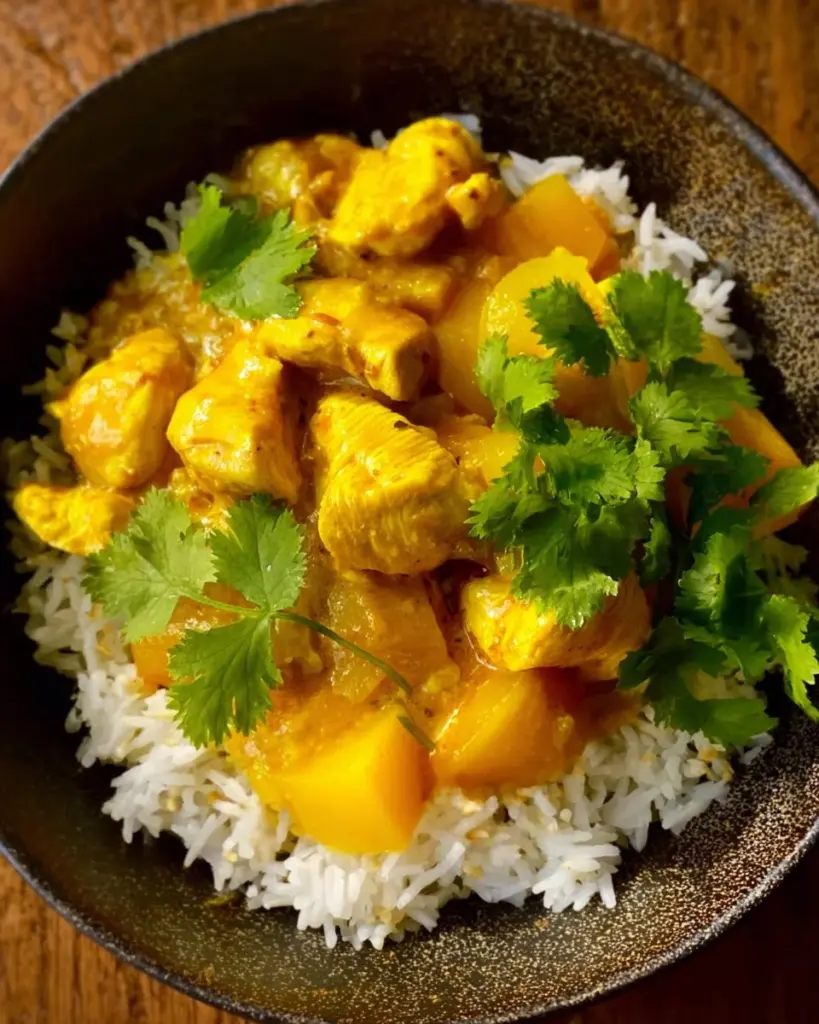 Delicious mango chicken curry served in a bowl with fresh herbs