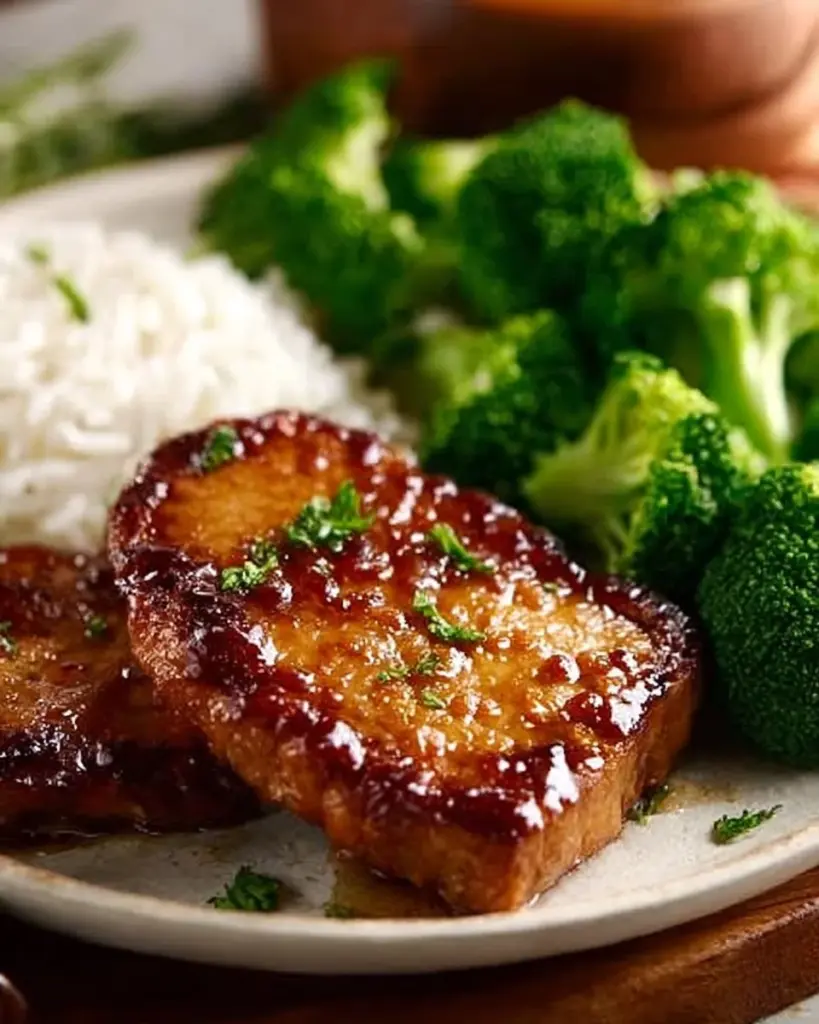 Juicy glazed pork chops served on a plate with fresh herbs and vegetables.