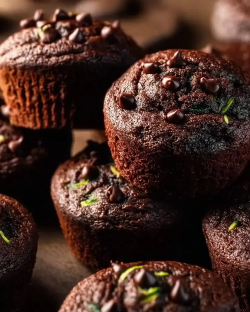 Healthy Moist Chocolate Zucchini Muffins with chocolate chips on a plate