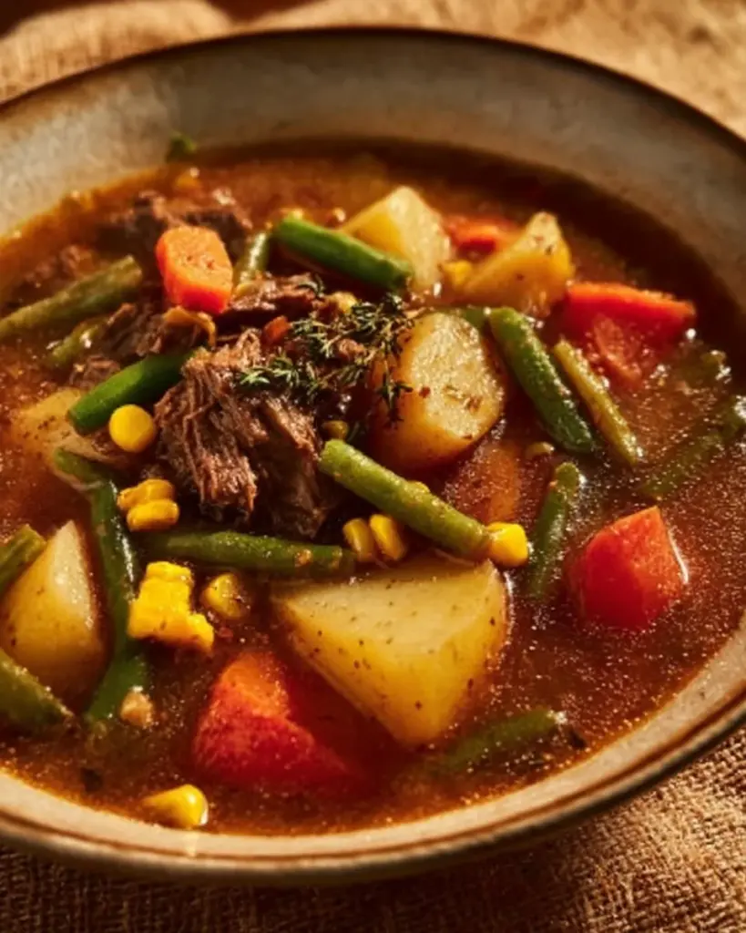 Bowl of hearty old-fashioned vegetable beef soup with potatoes and peas