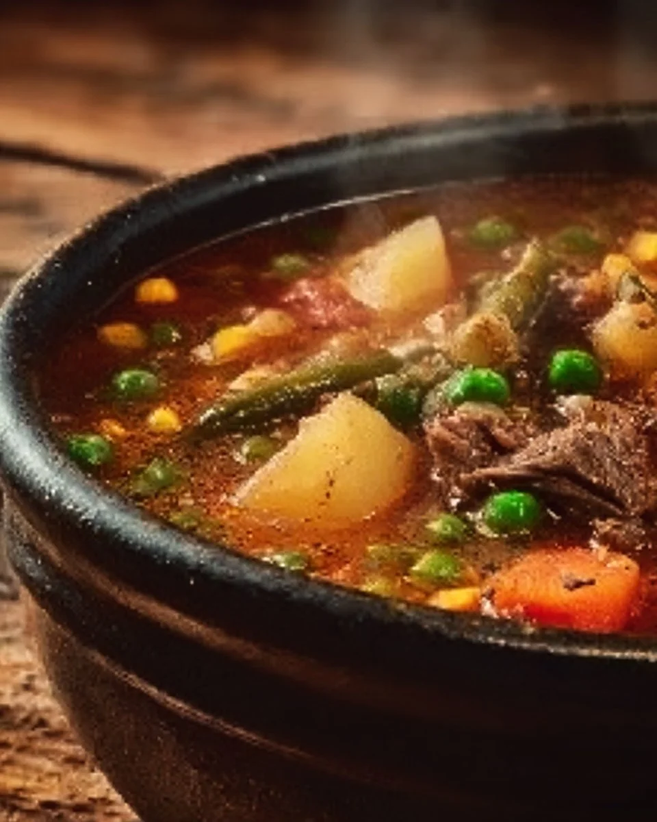 Old-Fashioned Vegetable Beef Soup with Potatoes and Peas