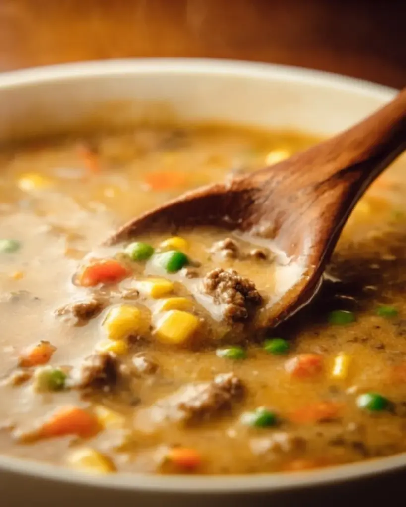 Bowl of Hearty Shepherd's Pie Soup topped with herbs and vegetables.