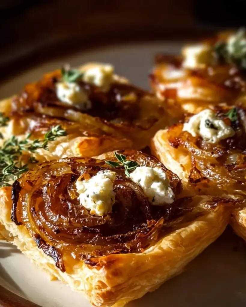 Delicious caramelized onion tarts topped with goat cheese, perfect appetizer.