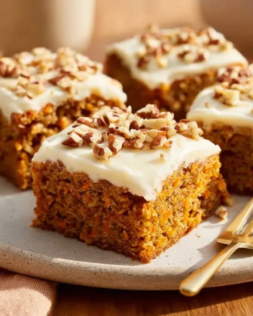 Delicious homemade carrot cake with cream cheese frosting and walnuts