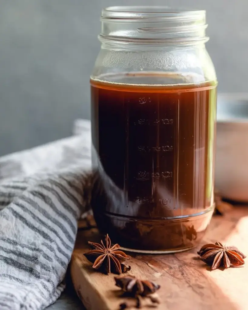 A cup of homemade chai concentrate brewed with aromatic spices.
