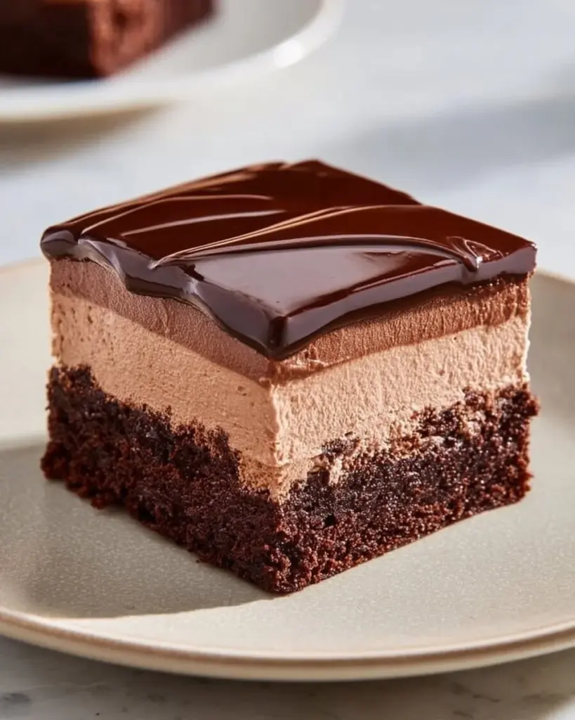 Decadent chocolate mousse brownies topped with chocolate ganache