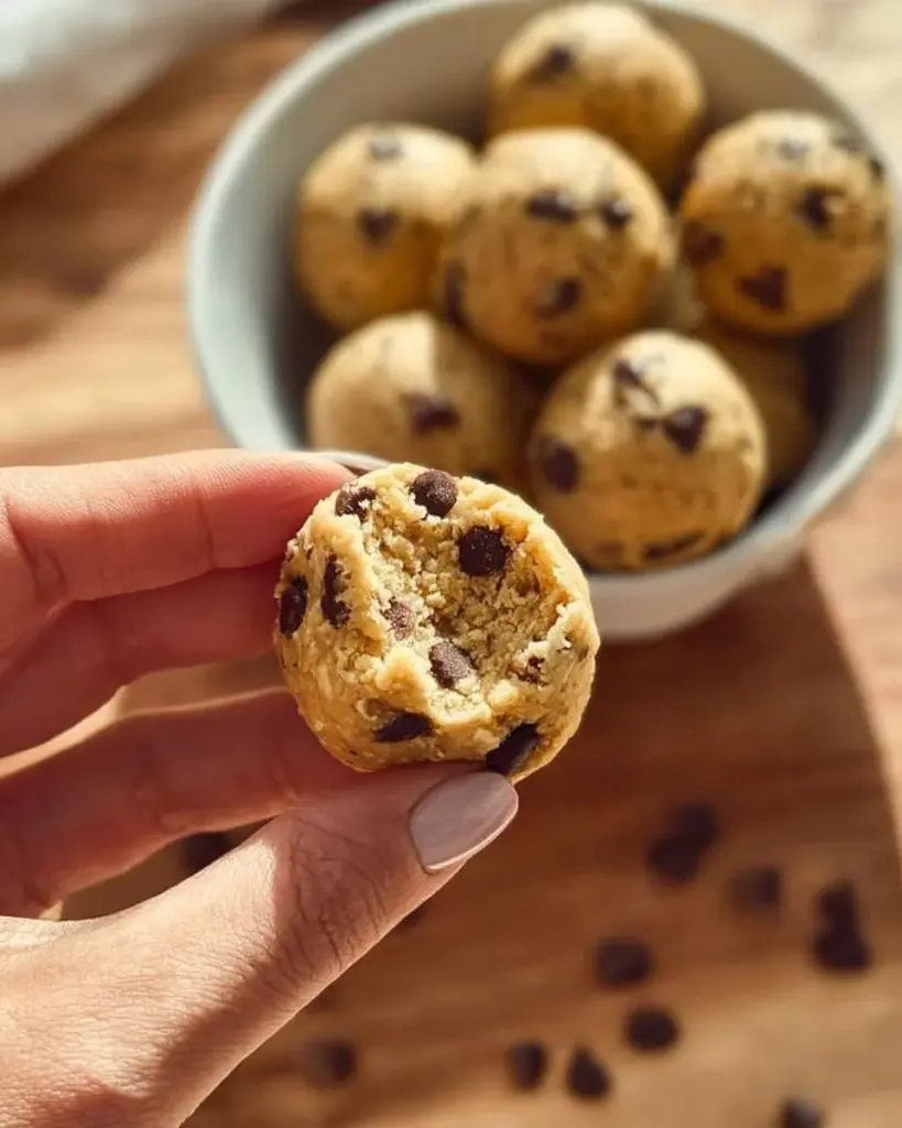 Delicious chickpea cookie dough balls on a wooden platter