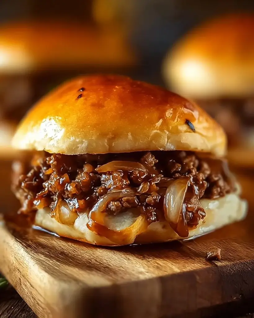 Plate of French Onion Beef Sloppy Joes with melted cheese and caramelized onions