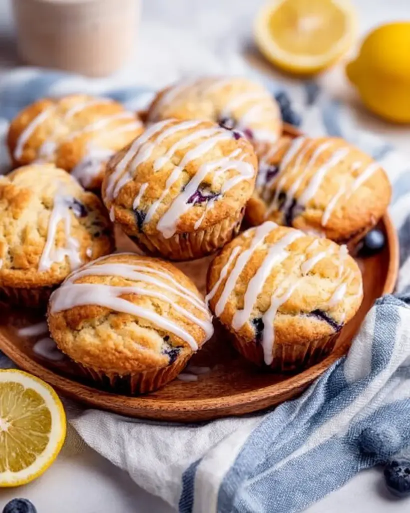 Freshly baked lemon blueberry muffins on a cooling rack