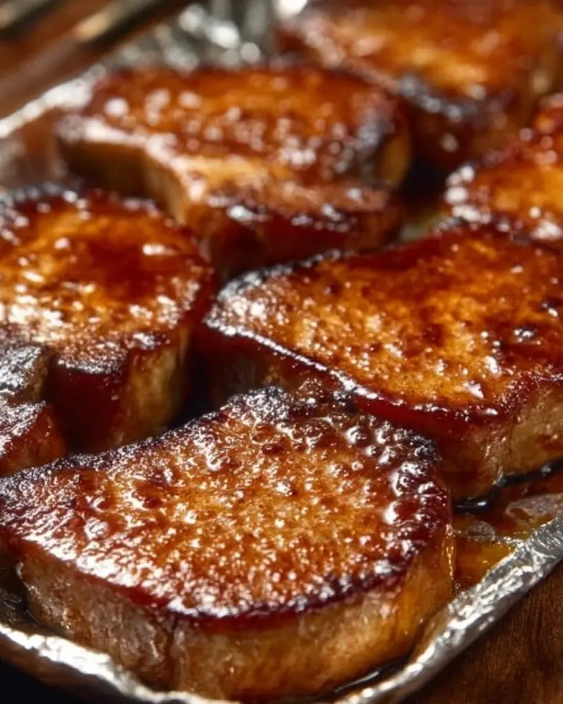 Delicious maple glazed pork chops served on a plate with herbs