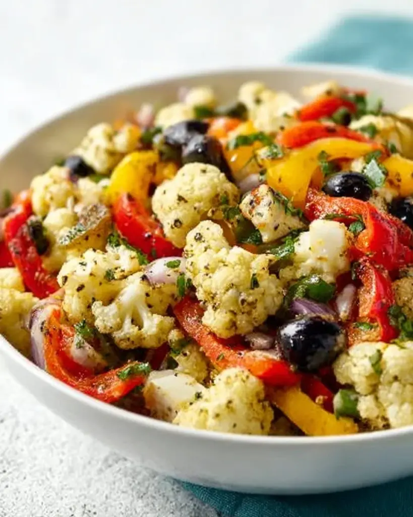 Colorful marinated cauliflower salad with fresh vegetables and herbs