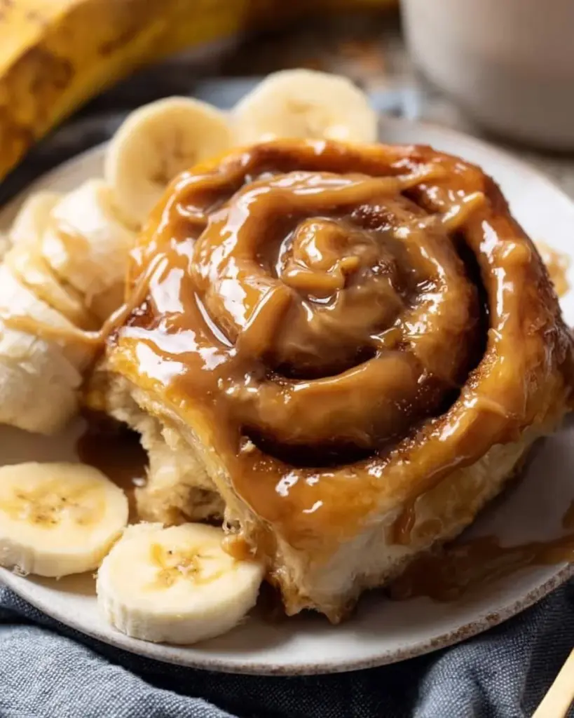 Peanut Butter Banana Cinnamon Rolls topped with icing on a plate.