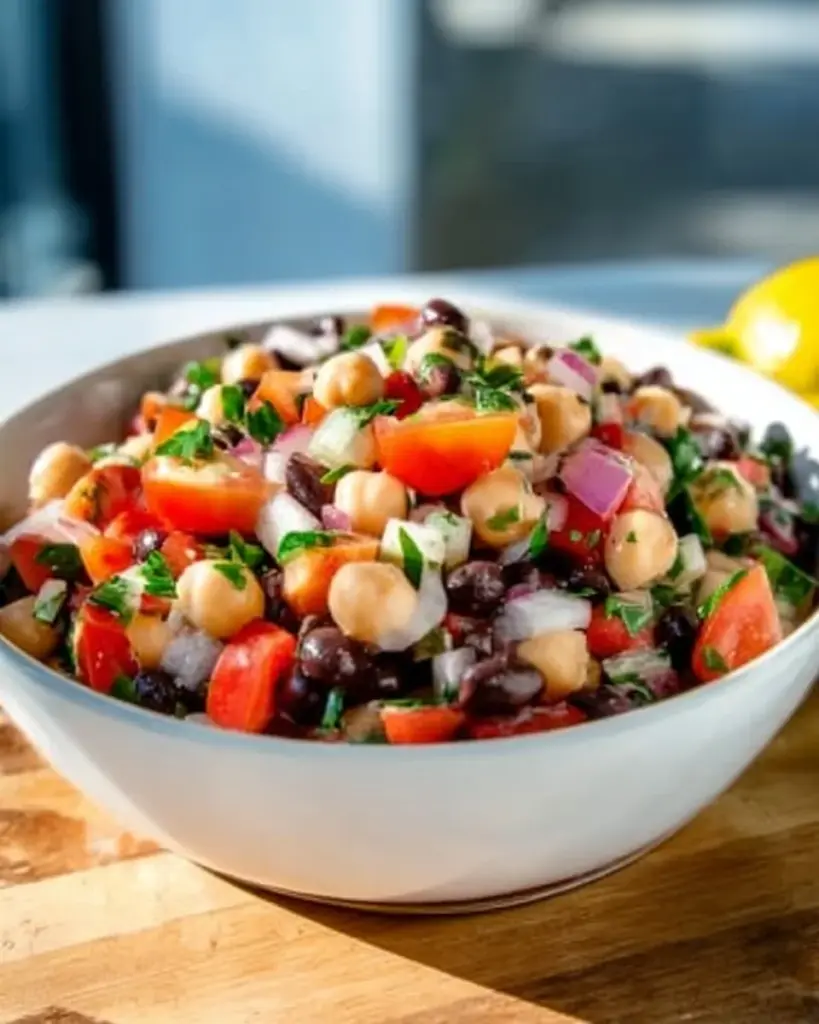 Delicious Balela salad with chickpeas, veggies, and spices served in a bowl