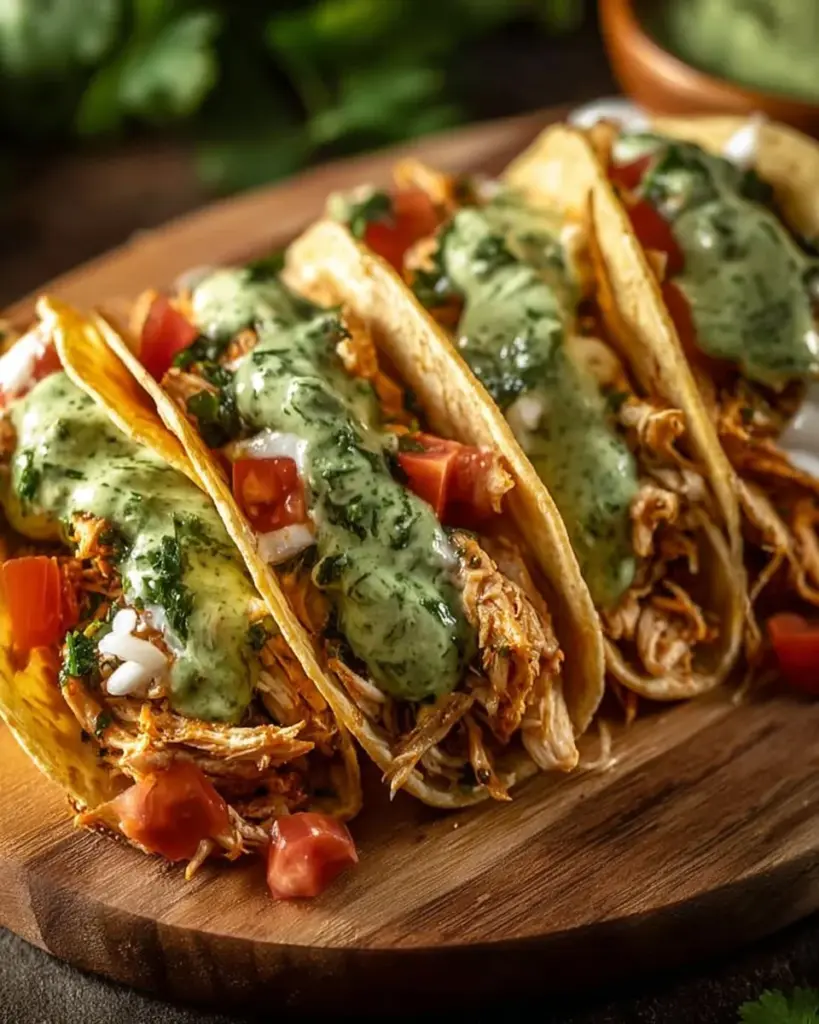 Shredded chicken tacos topped with creamy chimichurri sauce on a plate.