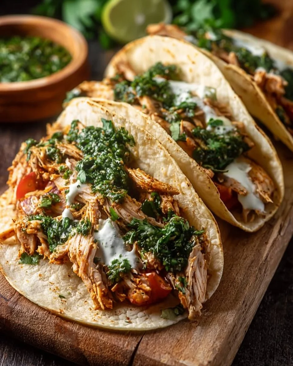 Shredded Chicken Tacos with Creamy Chimichurri Sauce