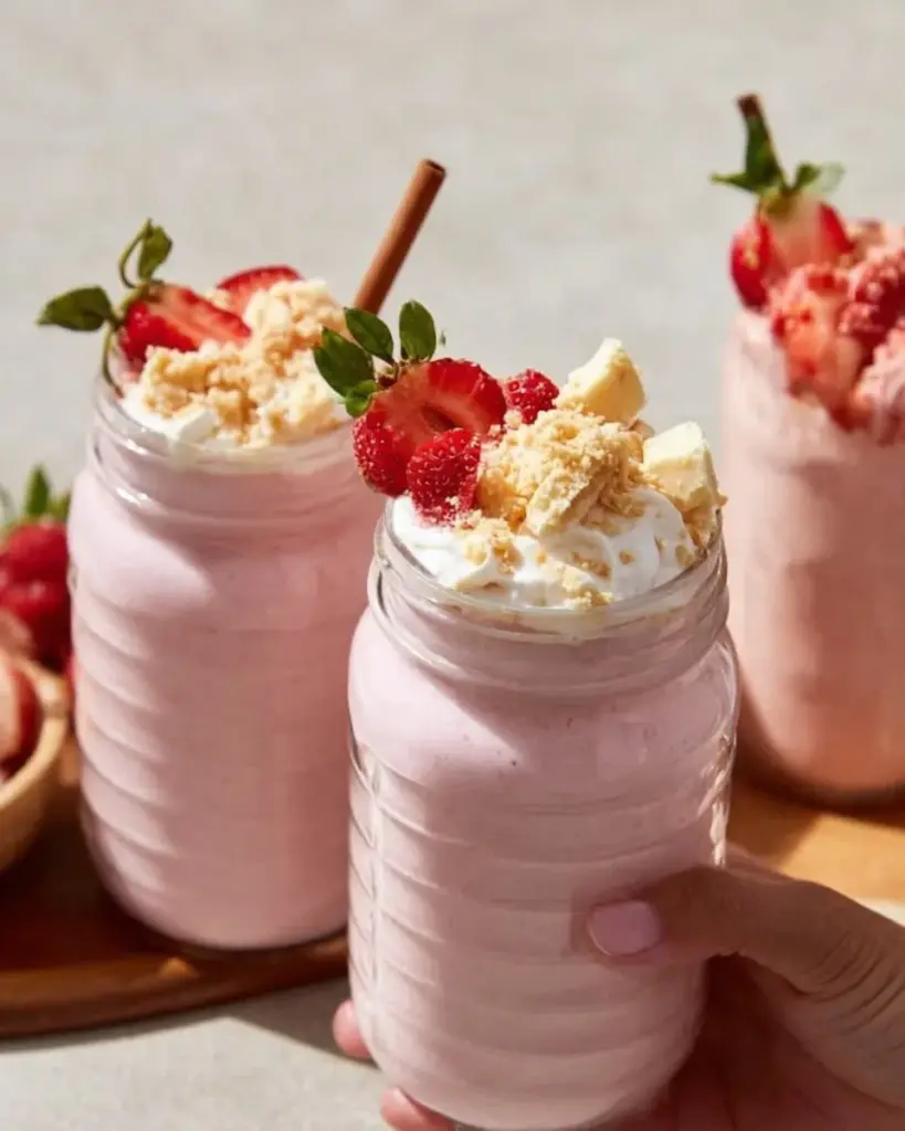 Strawberry cheesecake smoothie in a glass with fresh strawberries on top