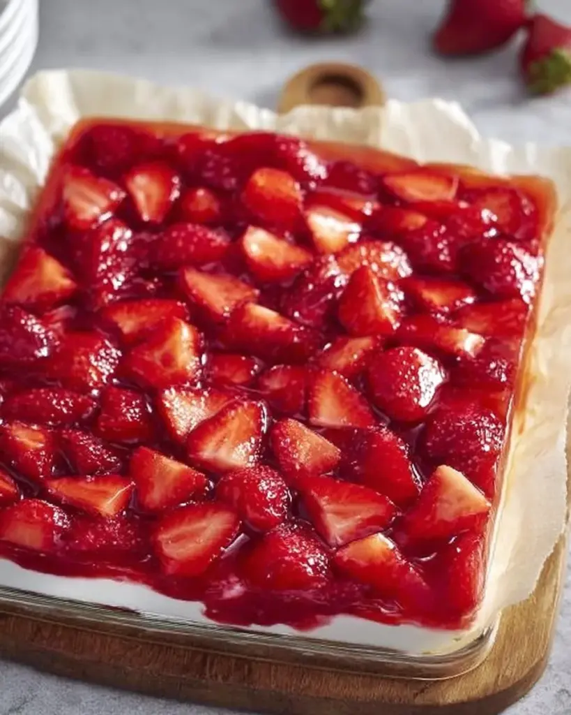 Delicious Strawberry Pretzel Salad with layers of strawberries, pretzel crust, and cream cheese topping