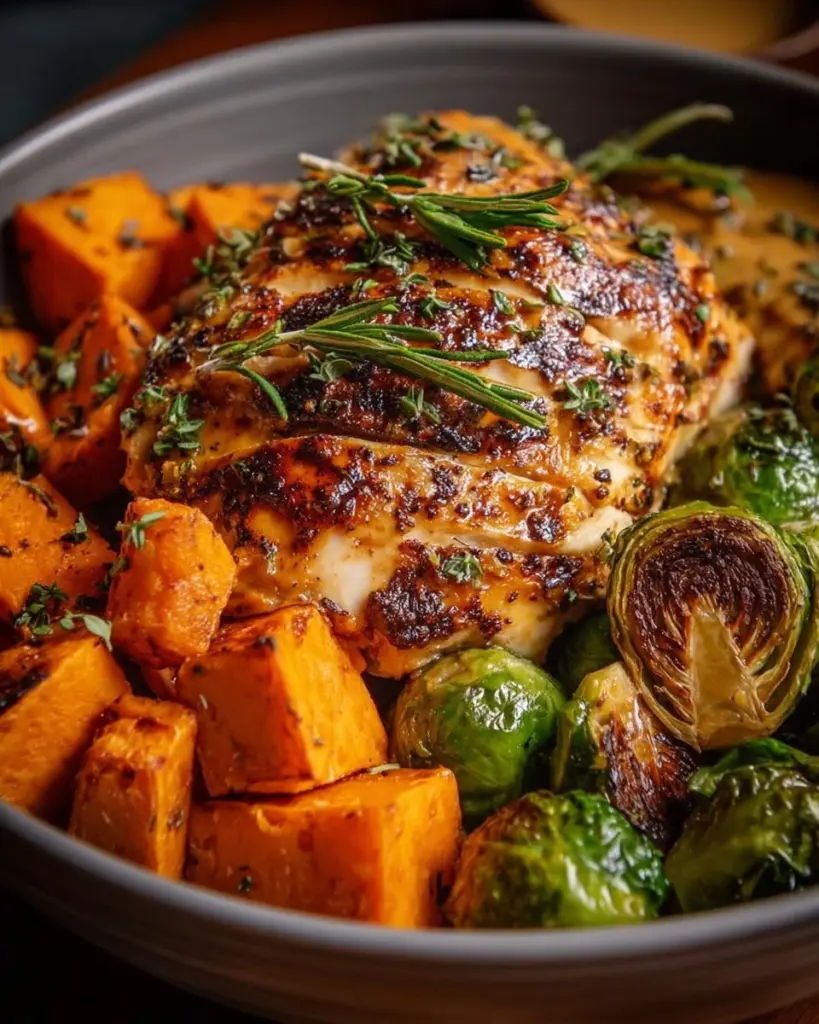 Maple Dijon Chicken served with sweet potatoes and colorful vegetables in a bowl