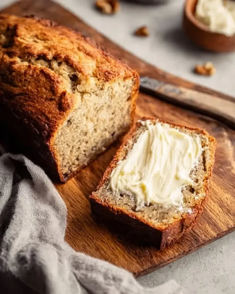 Slice of homemade Yogurt Banana Bread on a wooden board