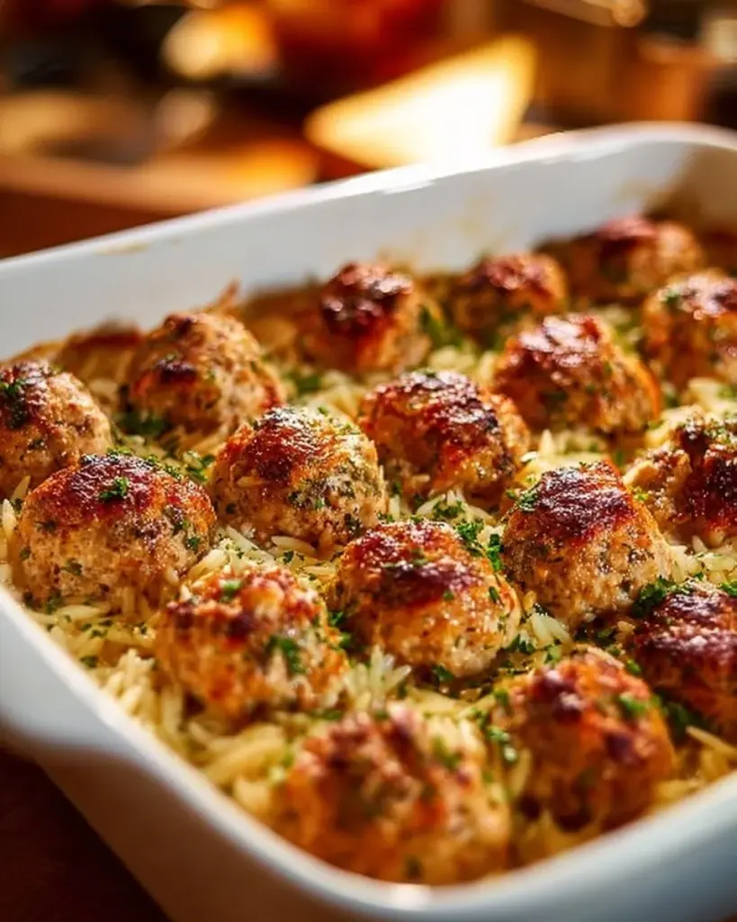 Zesty Greek chicken meatballs served with lemon orzo for a tasty meal