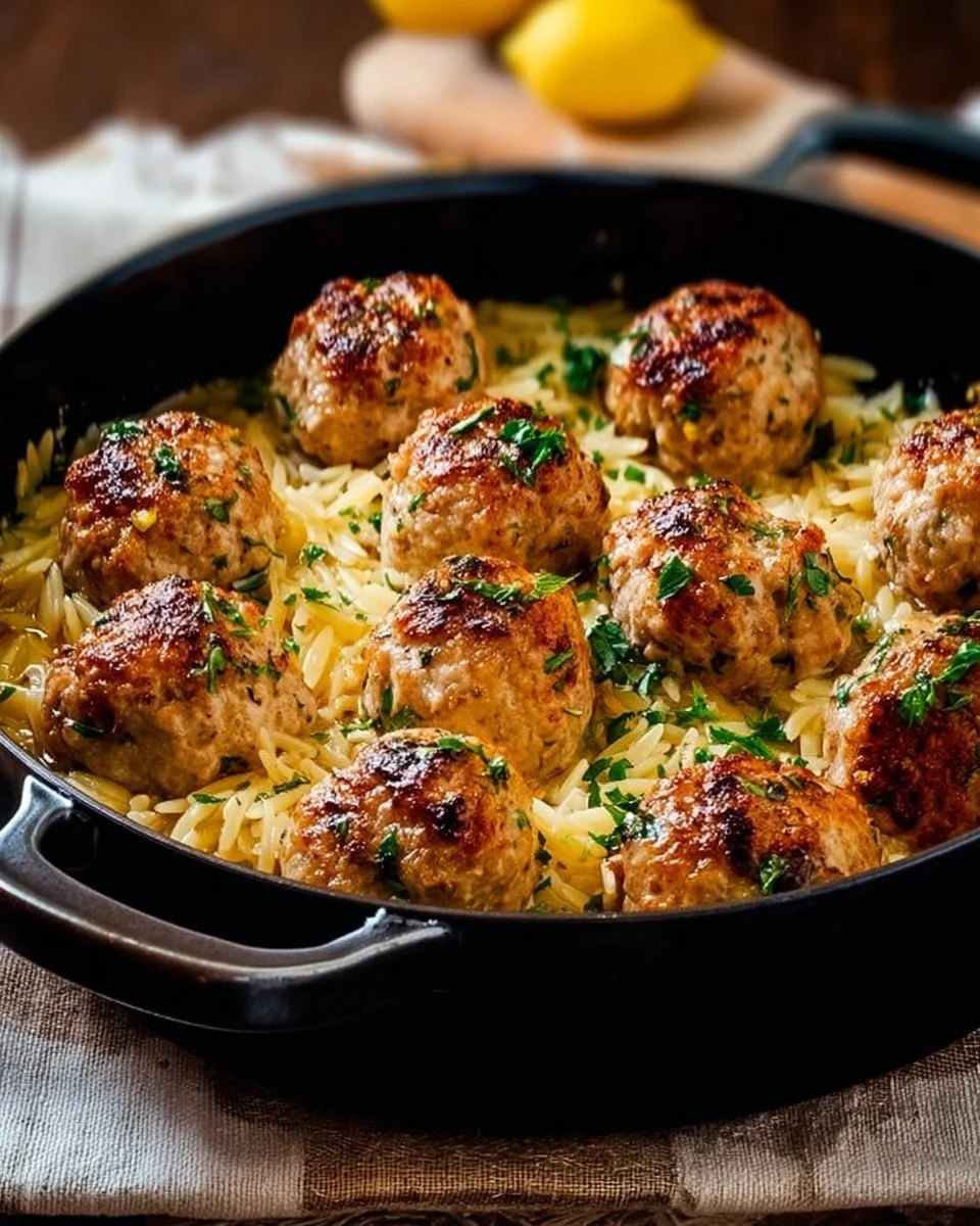 Greek Chicken Meatballs with Lemon Orzo