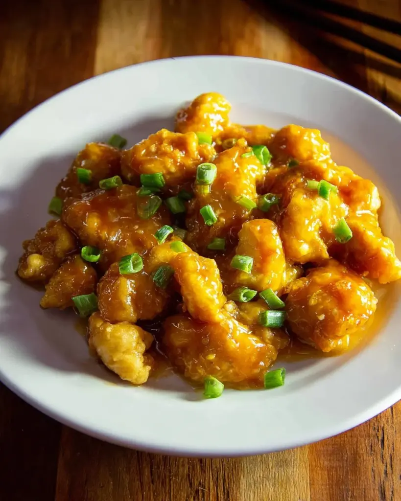 Crispy Air Fryer Orange Chicken with vibrant sauce and fresh garnish