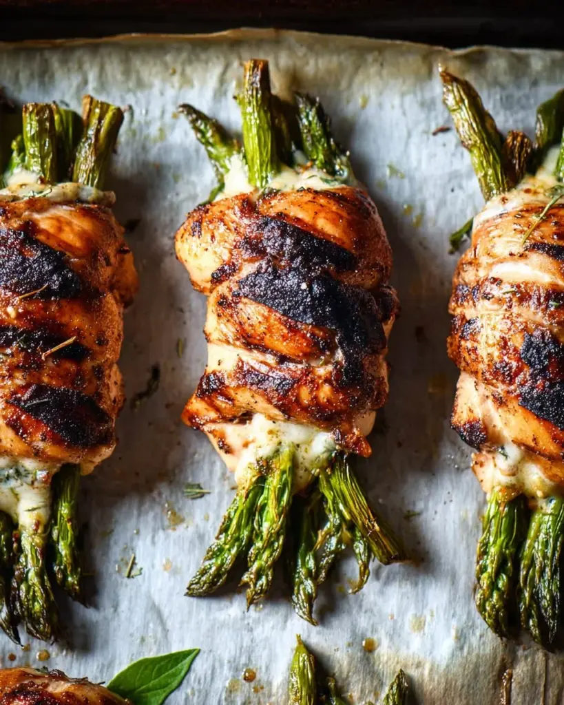 Delicious asparagus stuffed chicken breasts ready to serve on a plate.