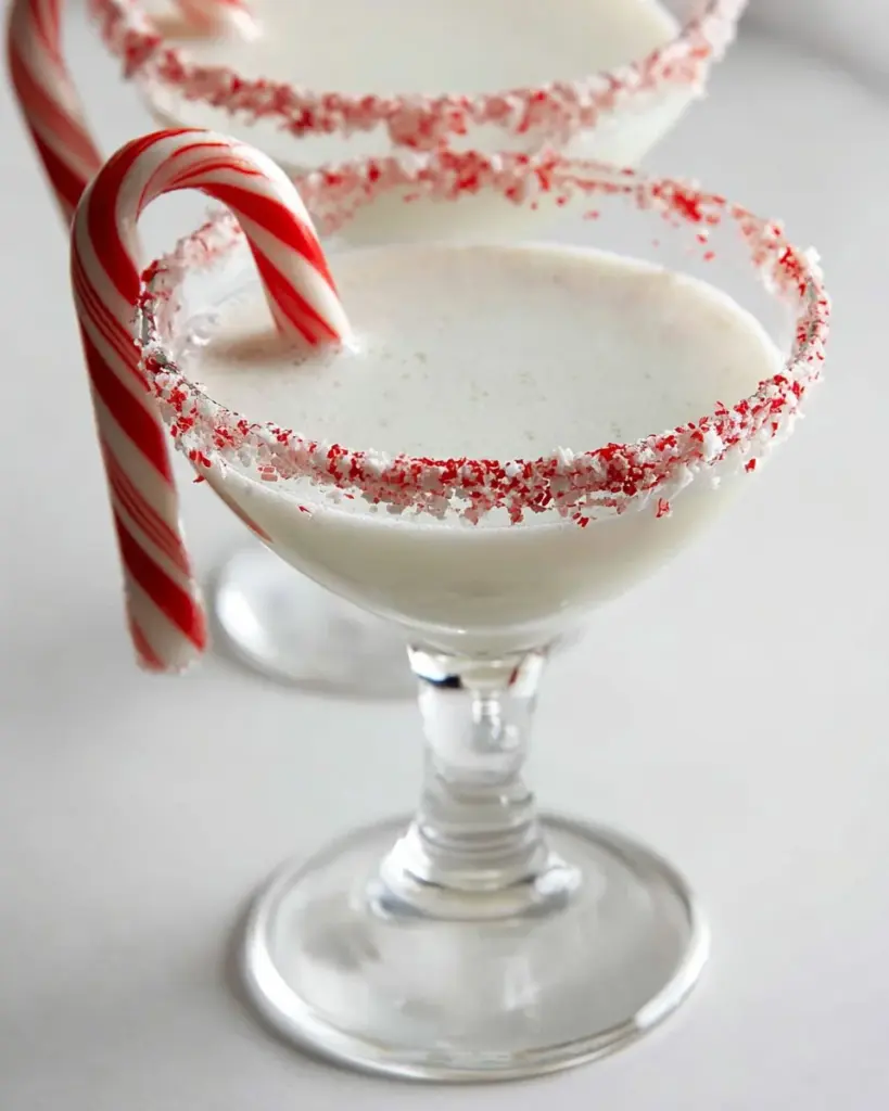 A festive Candy Cane Martini garnished with crushed candy canes and mint leaves.