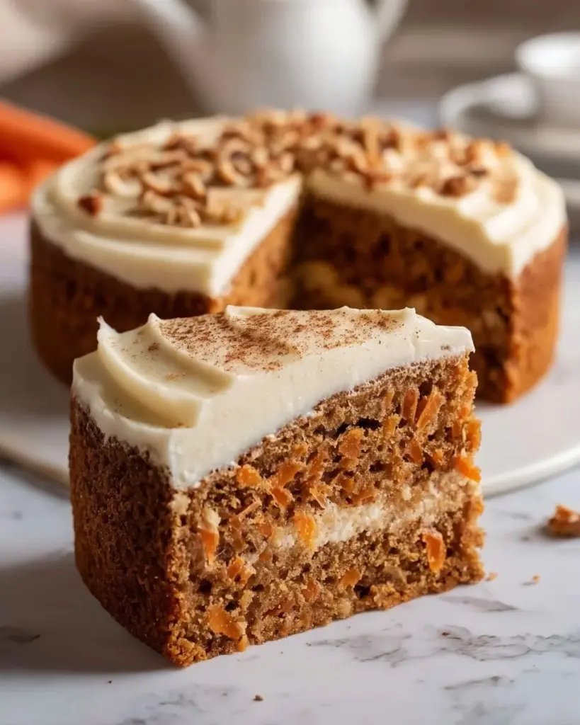 Slice of homemade Carrot Spice Cake topped with cream cheese frosting
