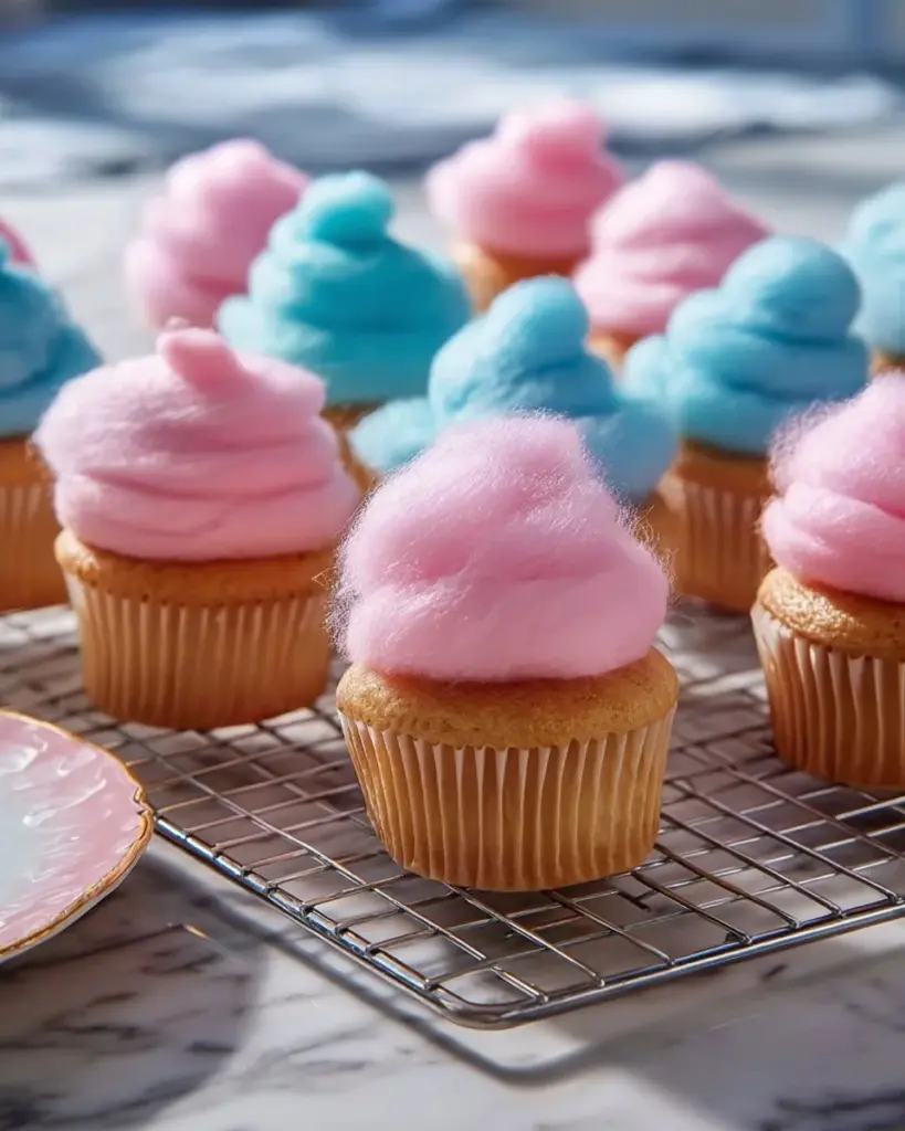 Colorful cotton candy cupcakes topped with fluffy frosting and sprinkles