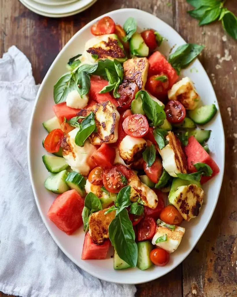 Grilled Halloumi and Watermelon Salad served in a bowl