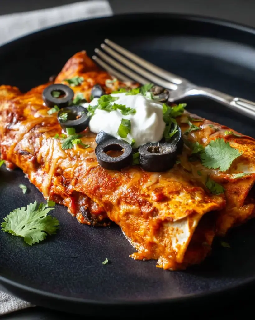 Delicious leftover turkey enchilada casserole with melted cheese and spices