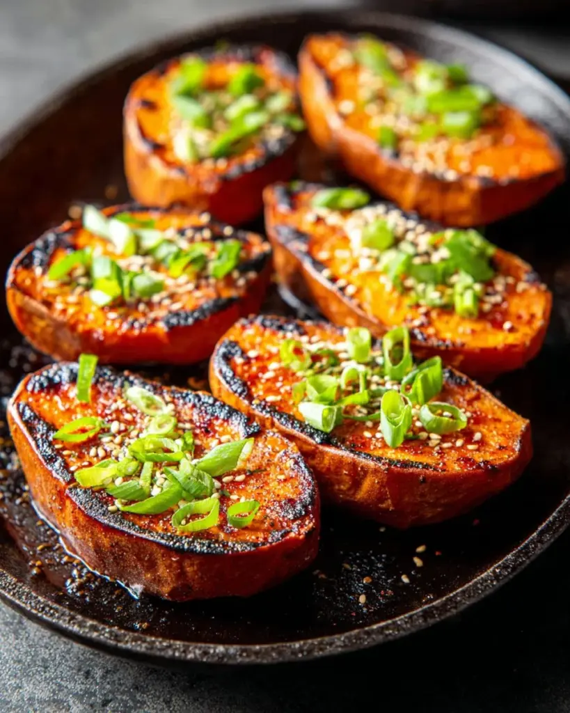 Roasted miso sweet potatoes topped with green onions in a bowl