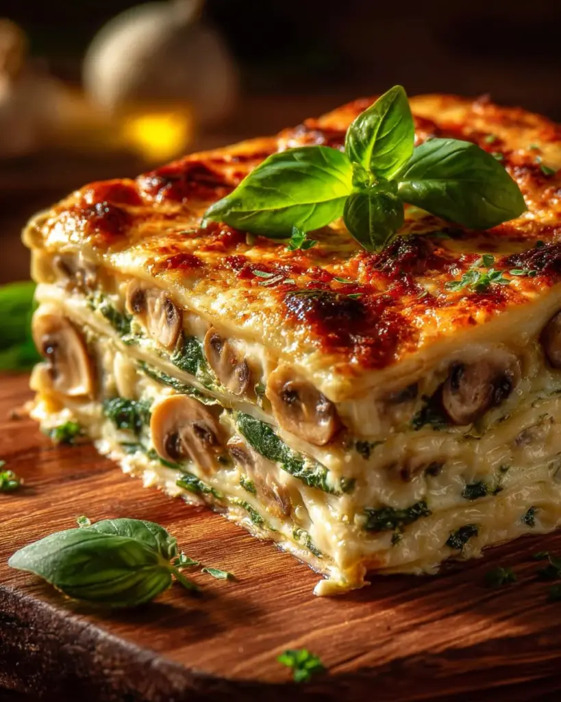 Delicious mushroom and spinach lasagna served on a plate