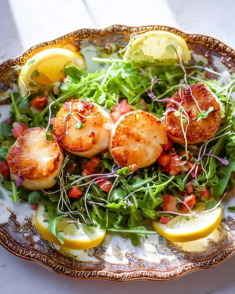Pan-seared scallops served in a Chardonnay butter sauce on a plate.