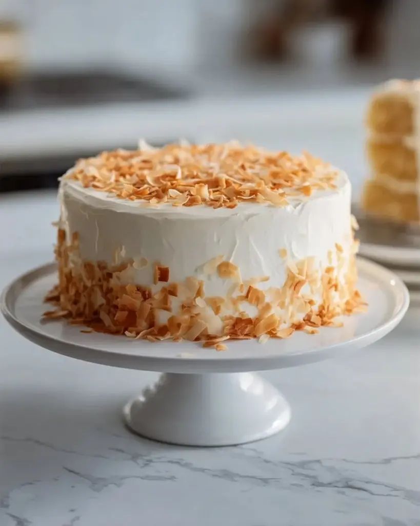 Sour Cream Coconut Cake topped with coconut flakes and creamy frosting