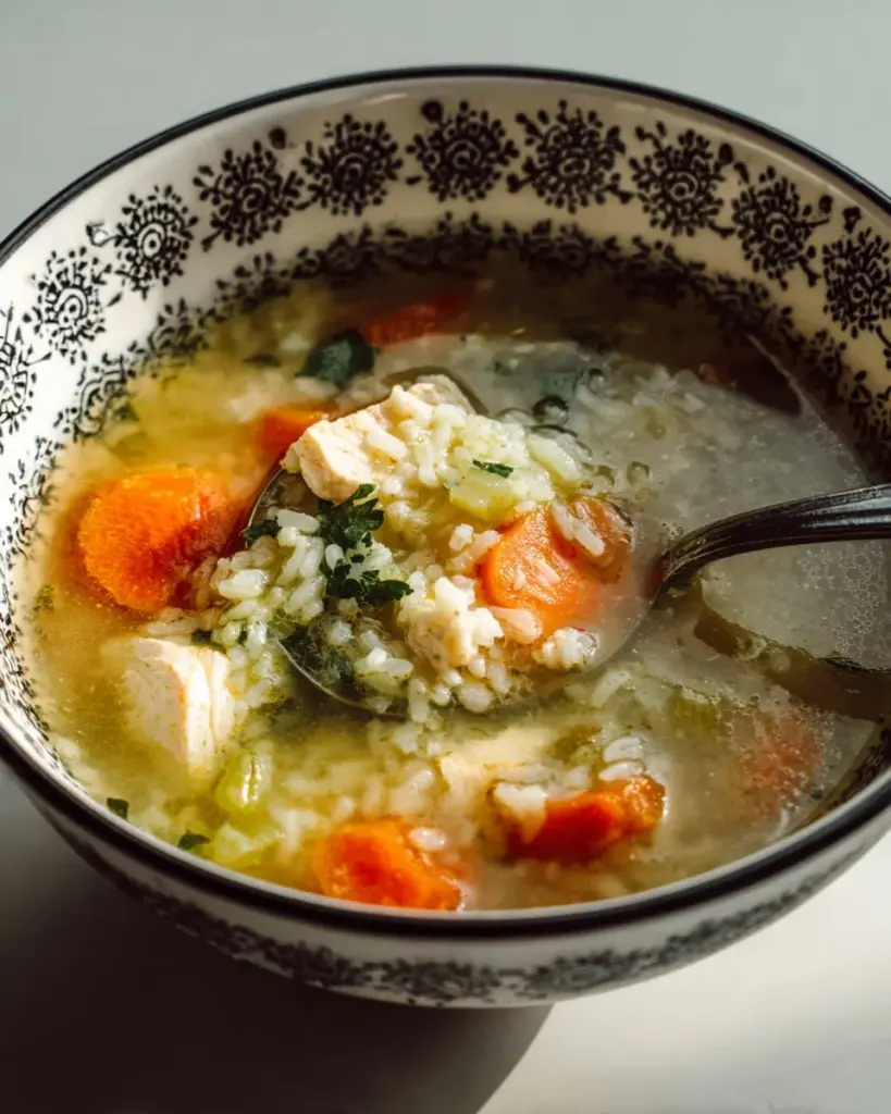Delicious bowl of Turkey Rice Soup garnished with herbs and spices
